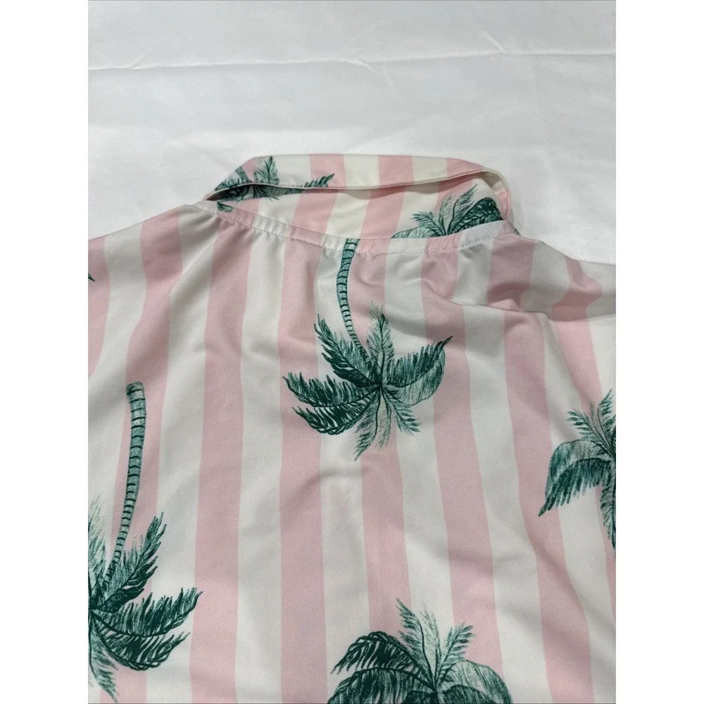 Kenny Flowers Polo Shirt Mens Sz M Pink White Palm Tree Stripe Stretch Portugal